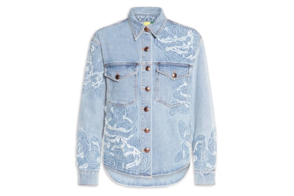 Camisa Feminina Jaqueta Jeans Bordado Flor - Azul