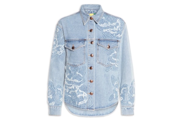 Camisa Feminina Jaqueta Jeans Bordado Flor - Azul