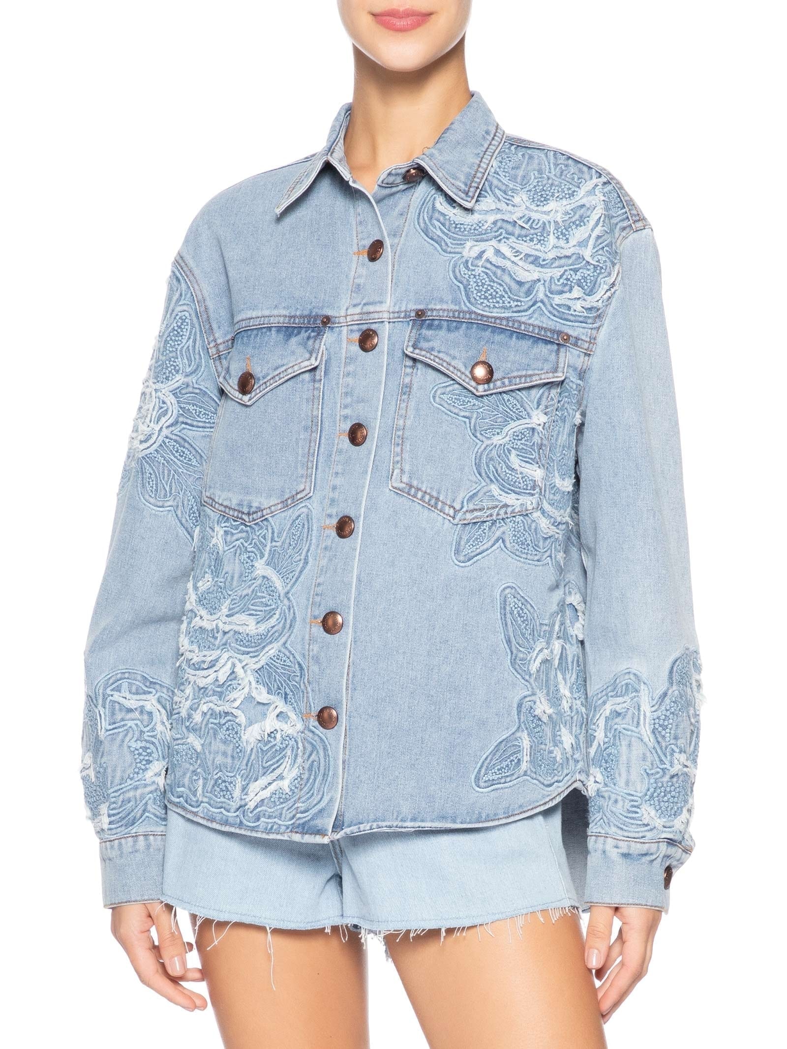 Camisa Feminina Jaqueta Jeans Bordado Flor Azul Farm