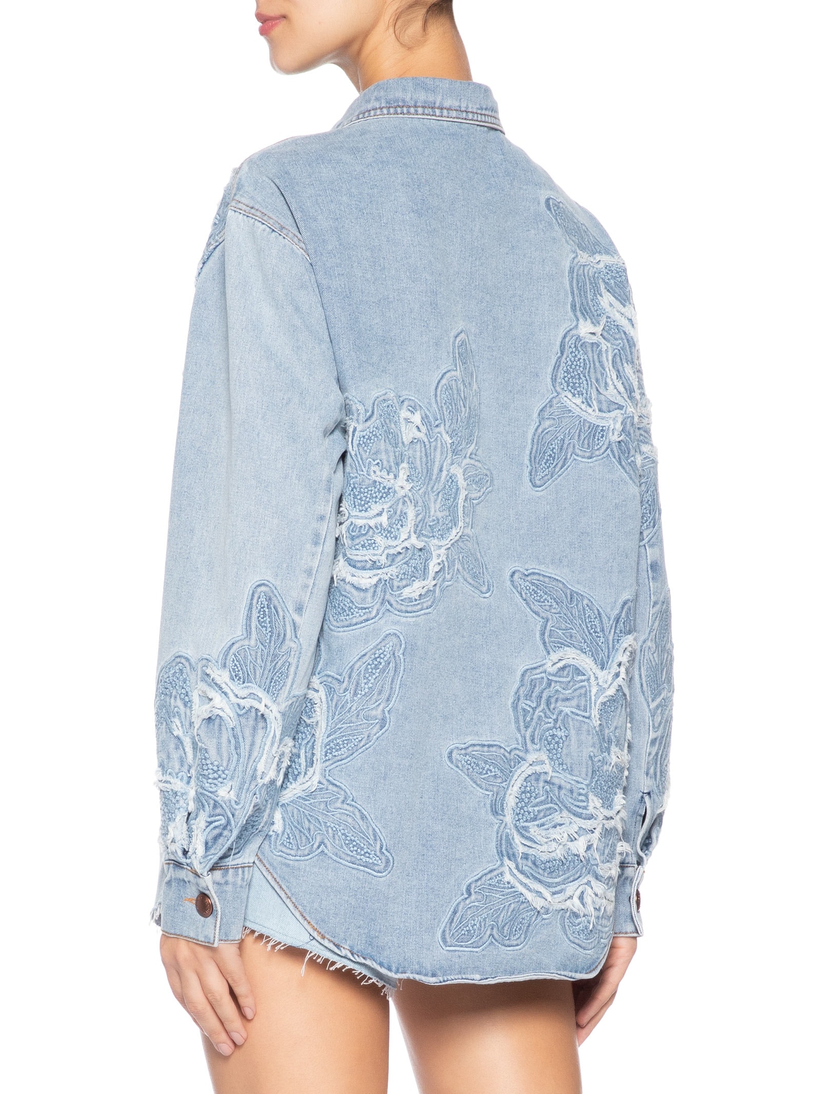 Camisa Feminina Jaqueta Jeans Bordado Flor Azul Farm