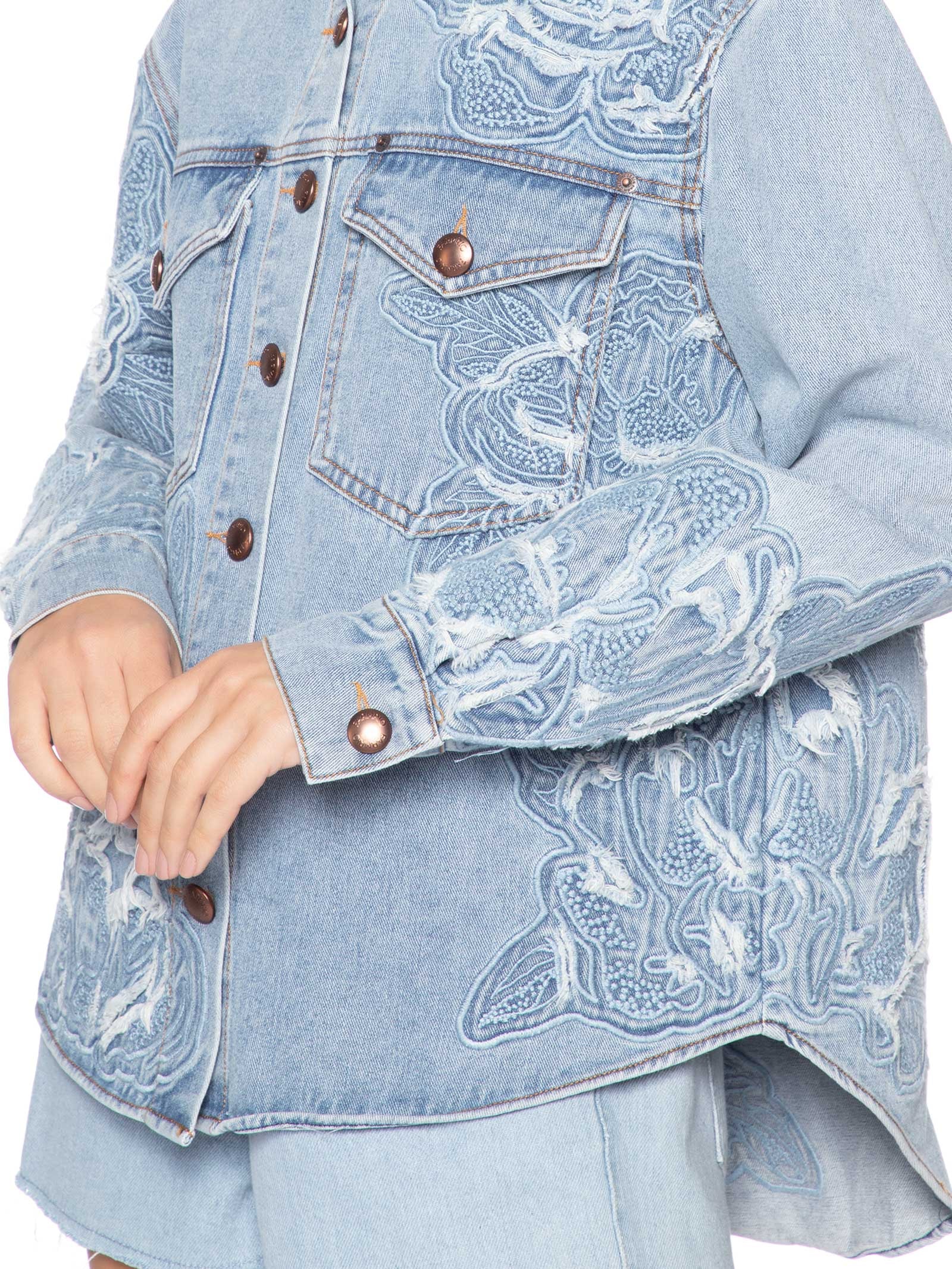 Camisa Feminina Jaqueta Jeans Bordado Flor Azul Farm