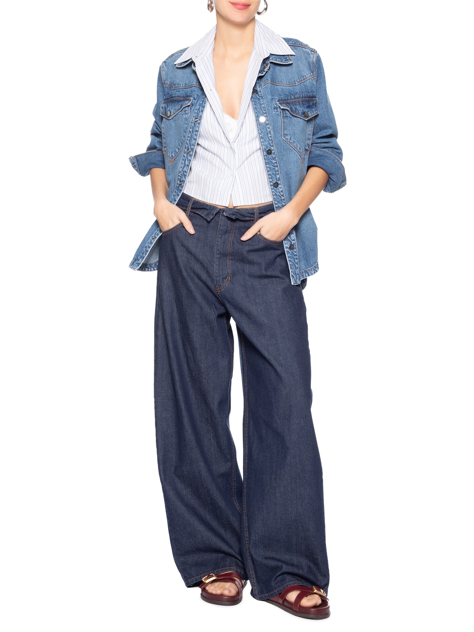 Camisa Feminina Jeans Cintura Costas Azul Animale
