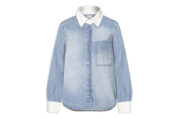 Camisa Feminina Jeans Com Fola Contrastante - Azul