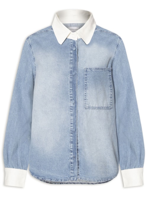 Camisa Feminina Jeans Com Fola Contrastante – Azul