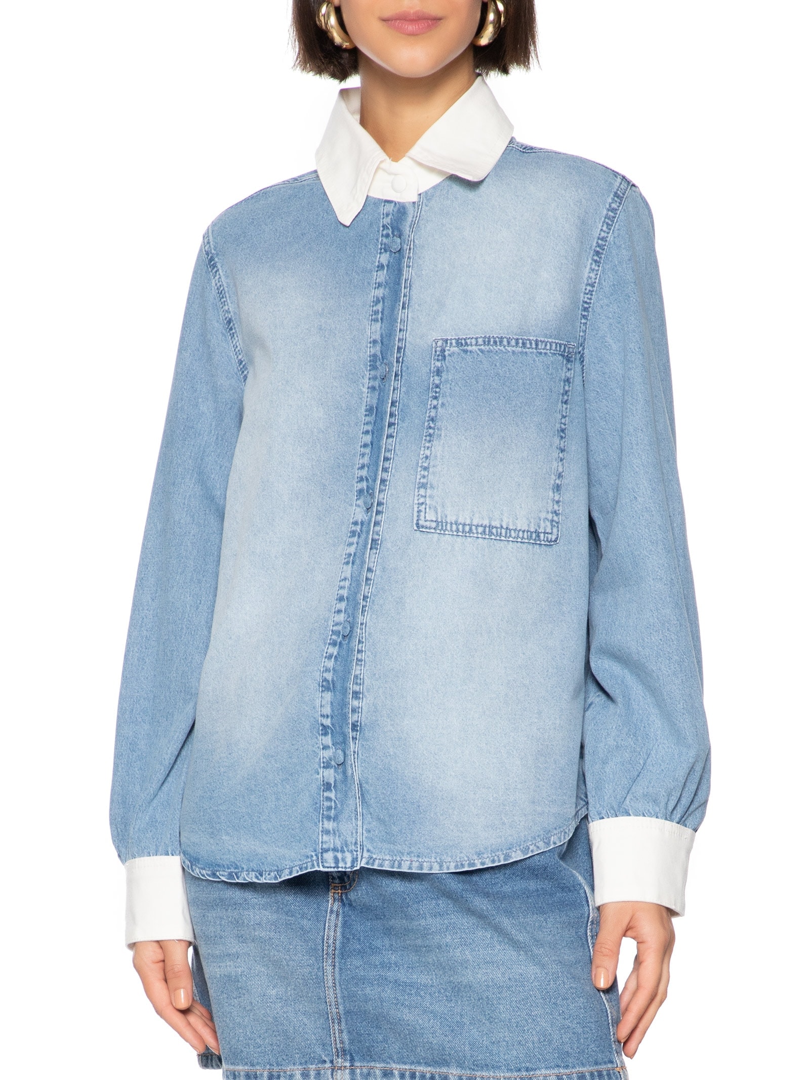 Camisa Feminina Jeans Com Fola Contrastante Azul My Favorite