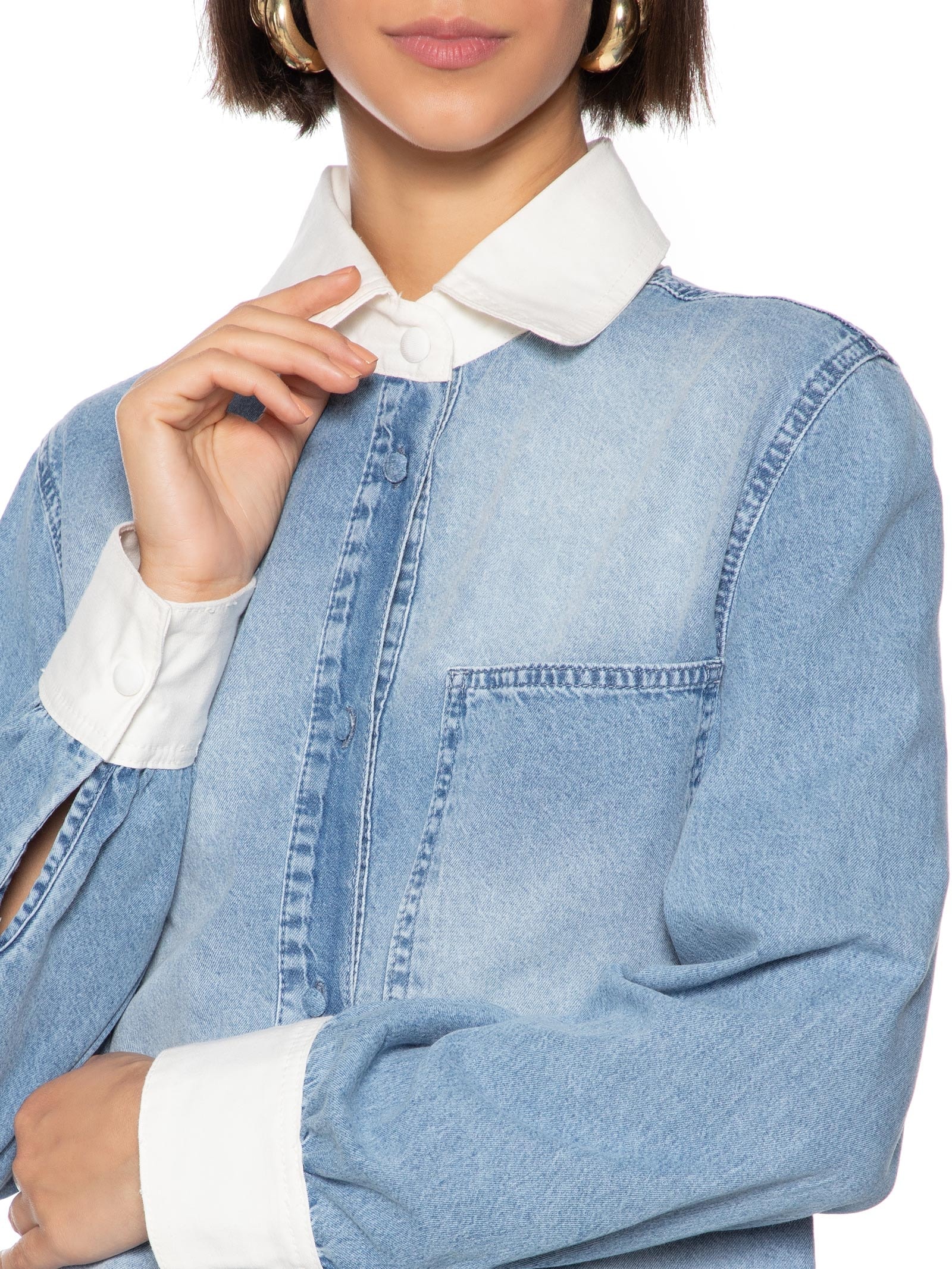 Camisa Feminina Jeans Com Fola Contrastante Azul My Favorite