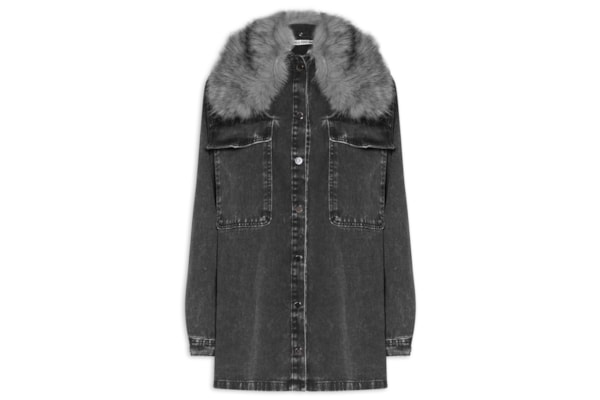 Camisa Feminina Jeans Com Gola Pelo - Preto