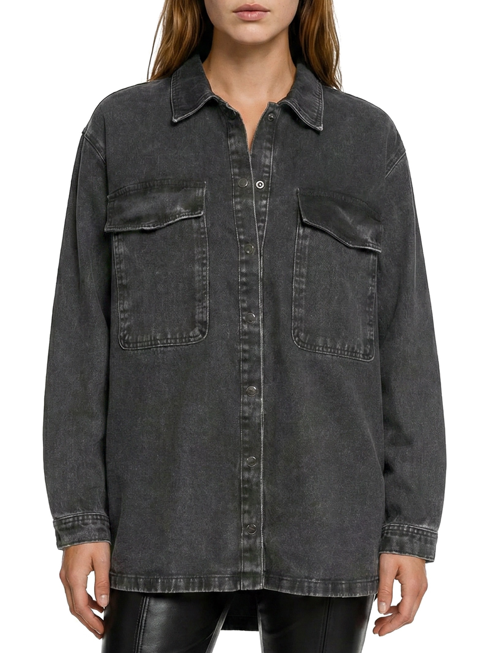 Camisa Feminina Jeans Com Gola Pelo Preto Lança Perfume