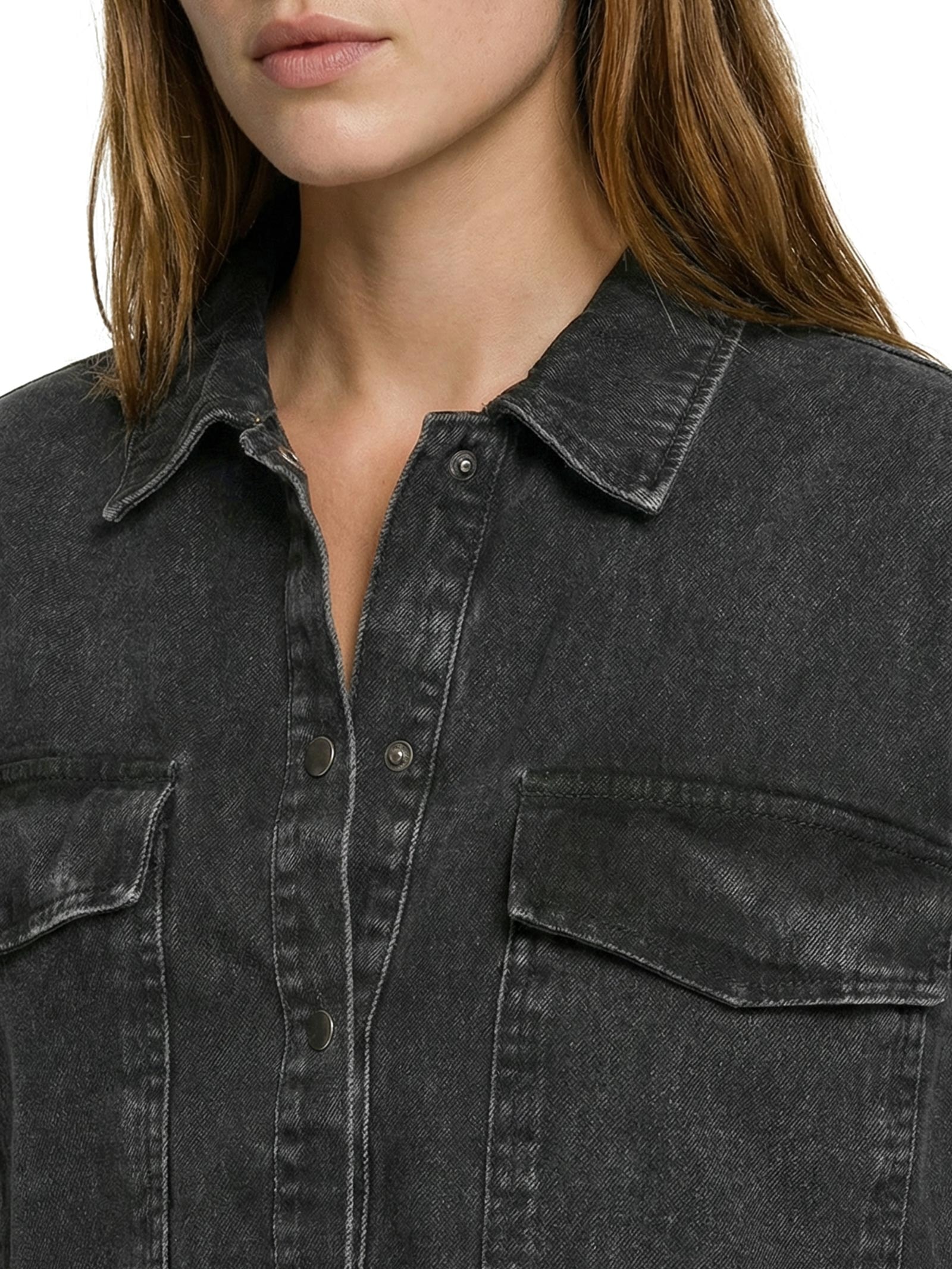 Camisa Feminina Jeans Com Gola Pelo Preto Lança Perfume