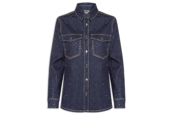 Camisa Feminina Jeans Com Strass – Azul
