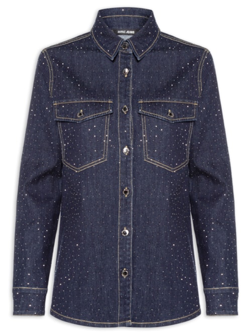 Camisa Feminina Jeans Com Strass – Azul
