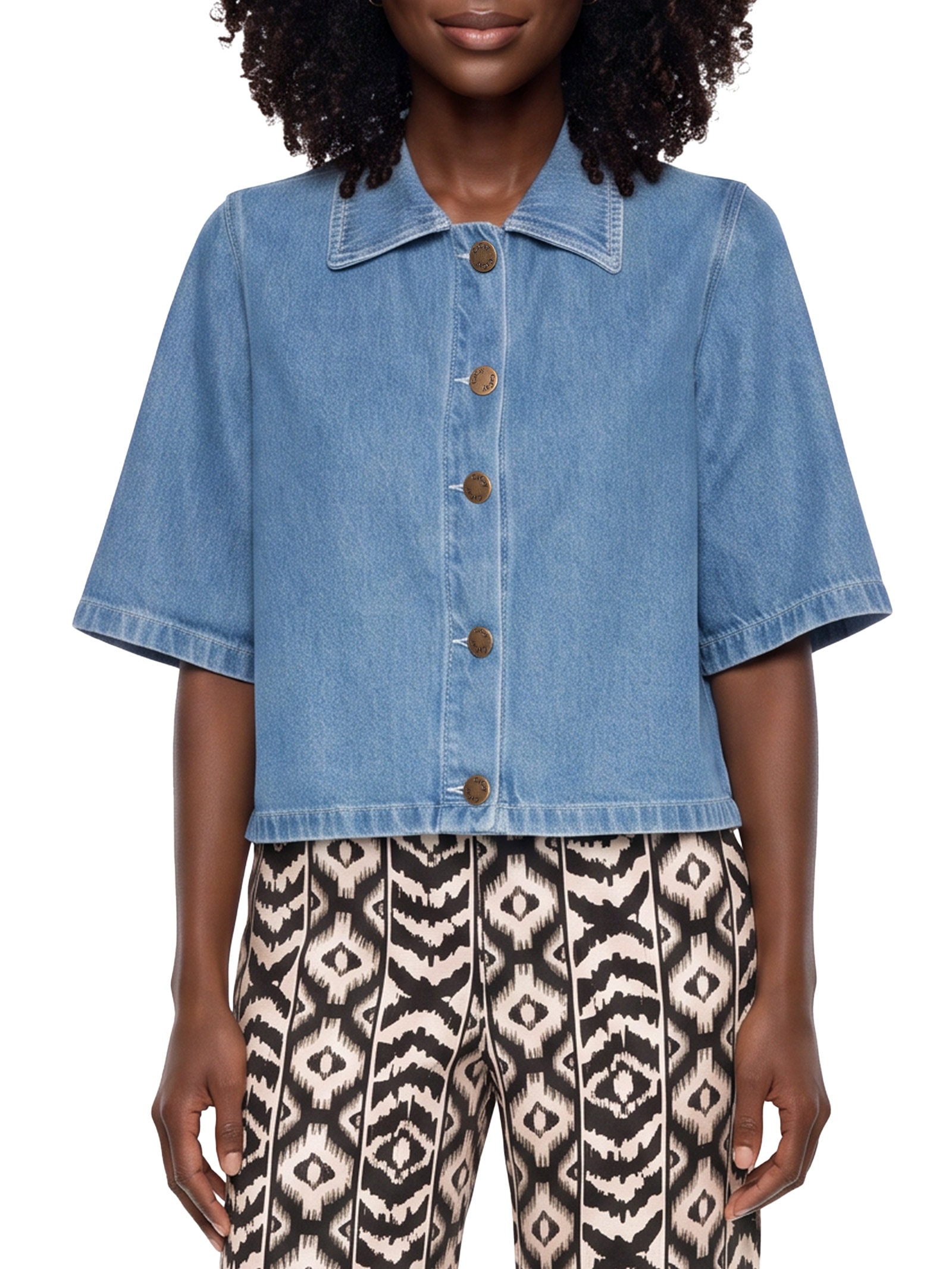 Camisa Feminina Jeans Estampa Laser Coqueiro Azul Cacay