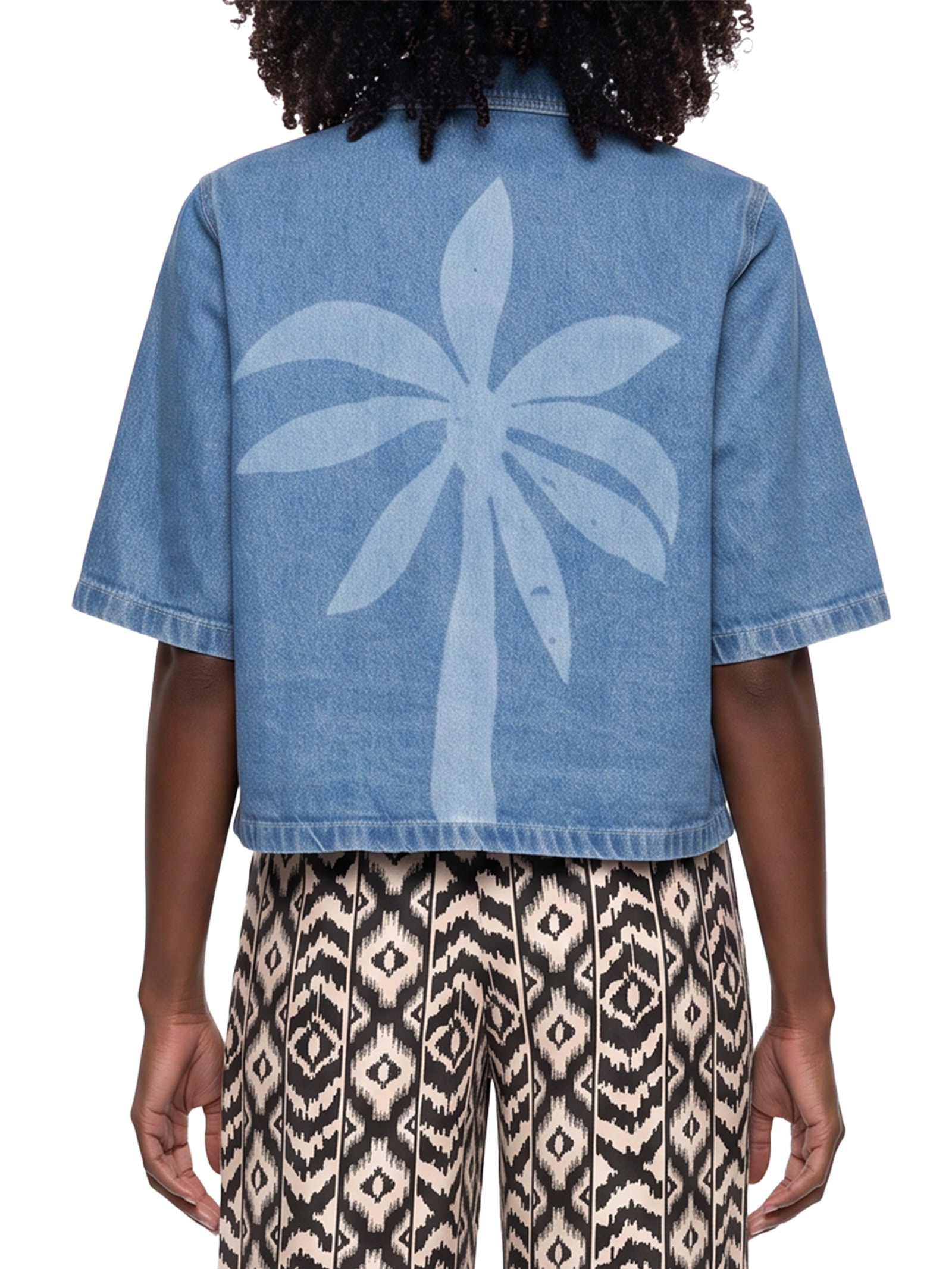 Camisa Feminina Jeans Estampa Laser Coqueiro Azul Cacay