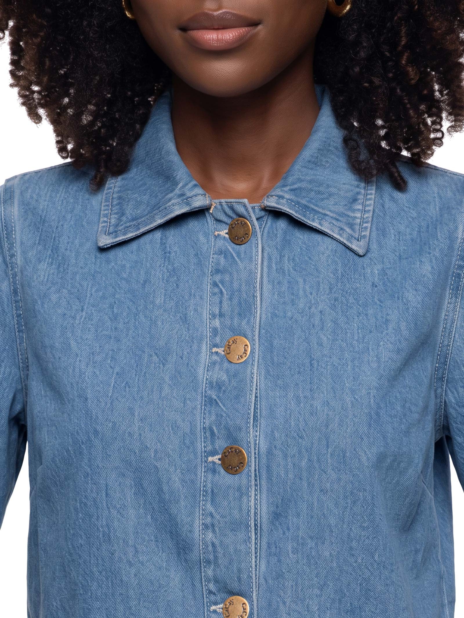 Camisa Feminina Jeans Estampa Laser Coqueiro Azul Cacay