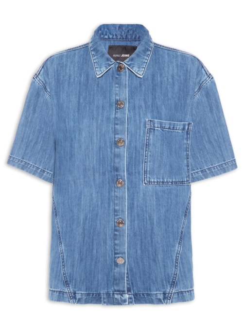 Camisa Feminina Jeans Manga Curta Recorte - Azul