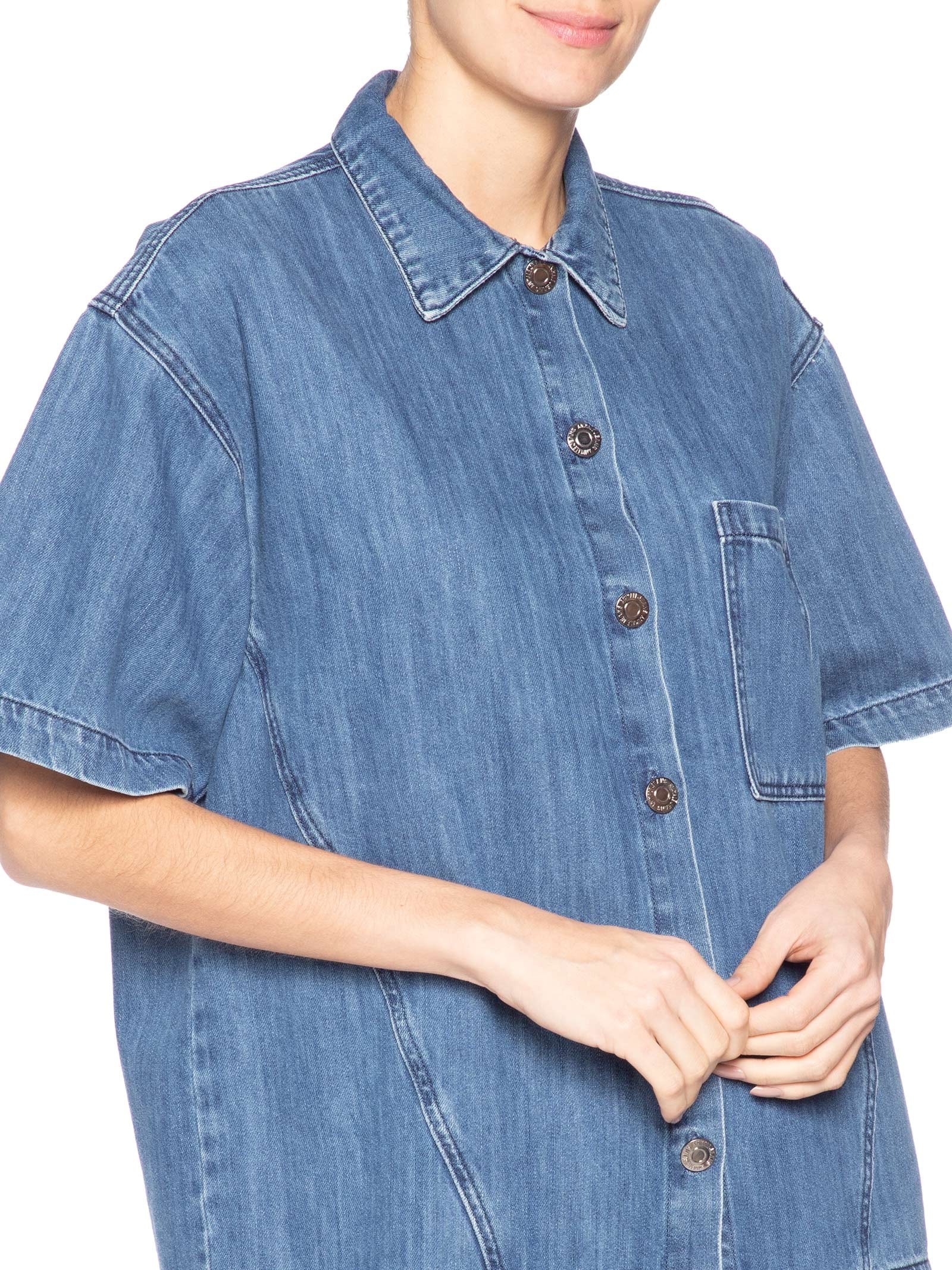 Camisa Feminina Jeans Manga Curta Recorte Azul Animale Jeans
