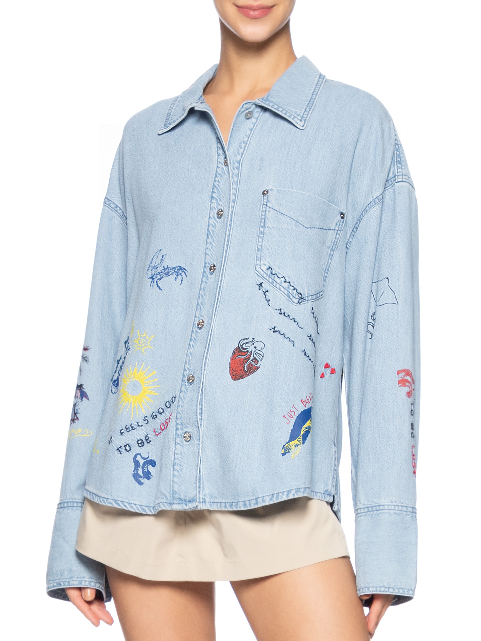  Camisa Feminina Jeans Over Silk Emojis Azul Animale Jeans