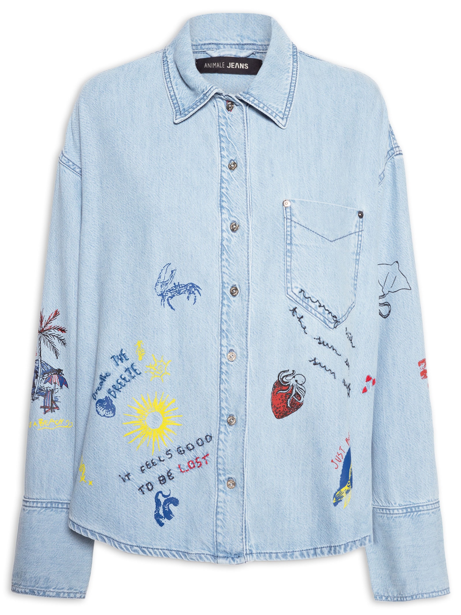  Camisa Feminina Jeans Over Silk Emojis Azul Animale Jeans