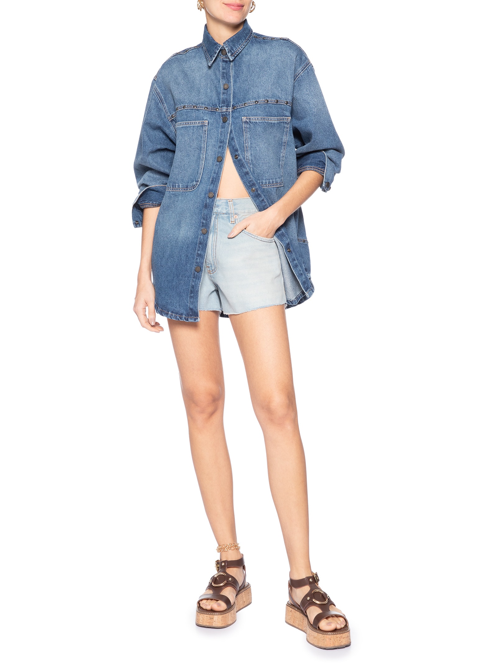 Camisa Feminina Jeans Over Tachas Azul Animale Jeans