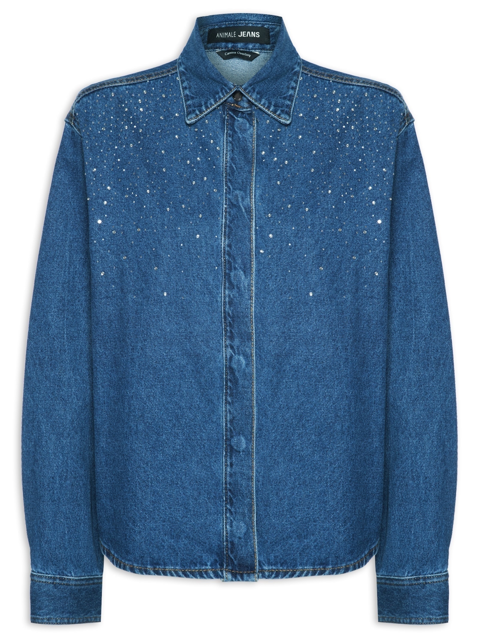 Camisa Feminina Jeans Overboy Cristais Azul Animale Jeans