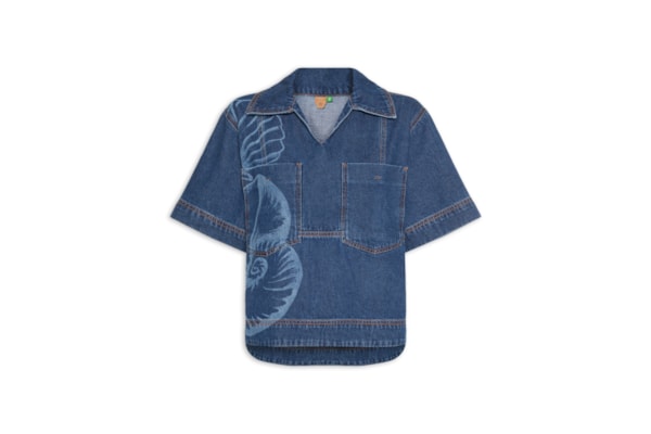 Camisa Feminina Jeans Polo Laser Maxi Conchas - Azul