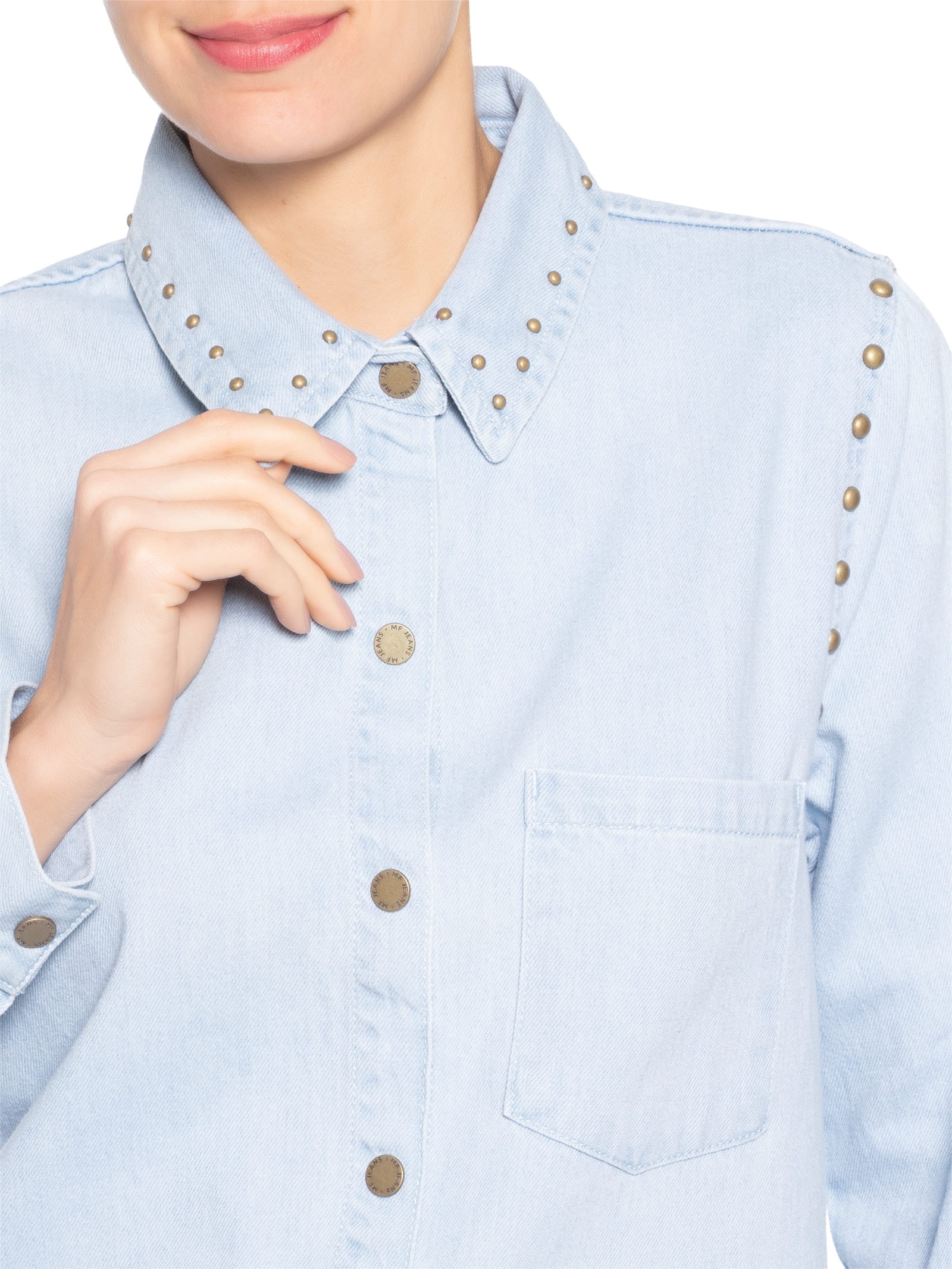 Camisa Feminina Jeans Rebites Gola E Cava – Azul Maria Filó