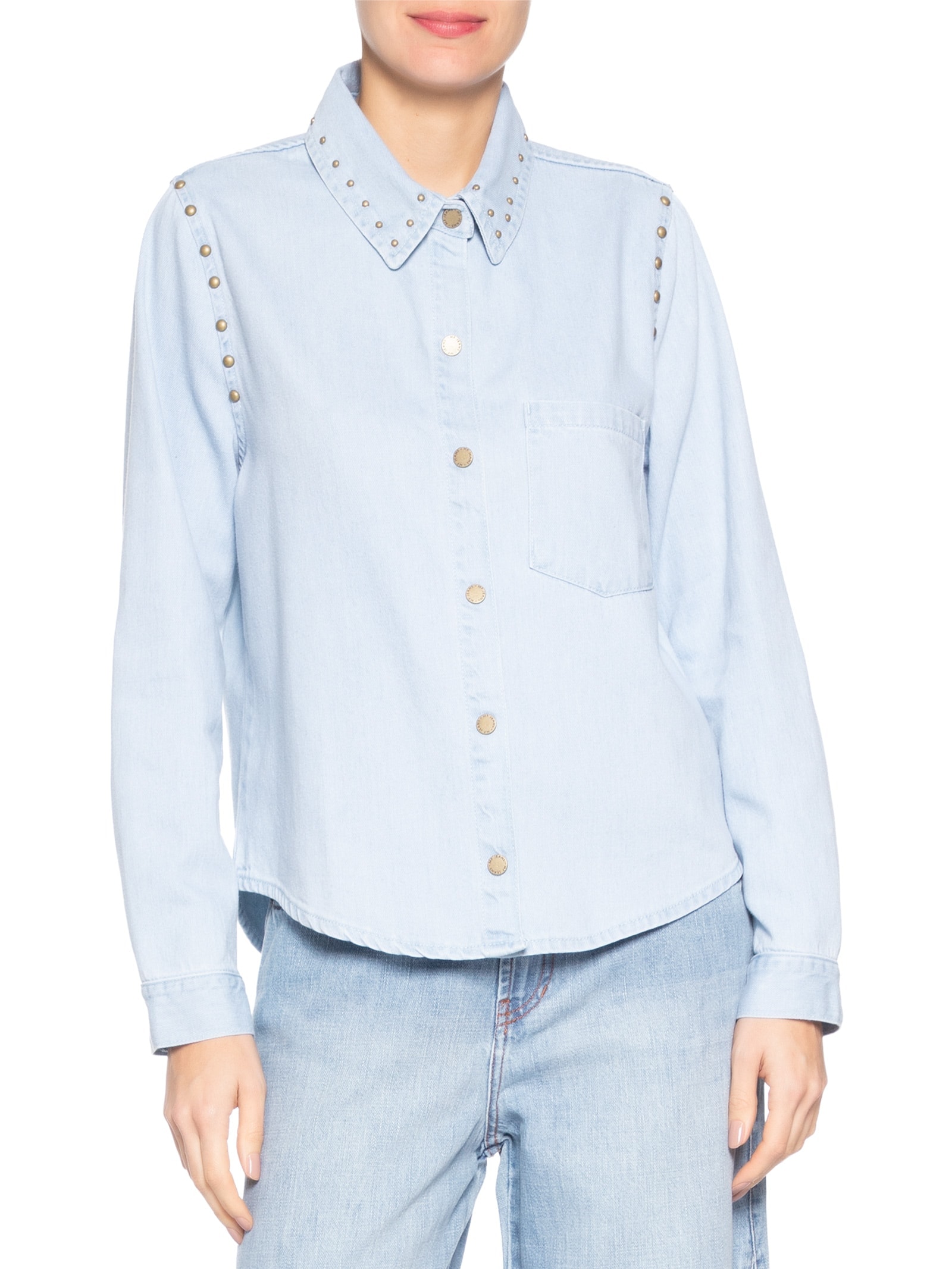 Camisa Feminina Jeans Rebites Gola E Cava – Azul Maria Filó