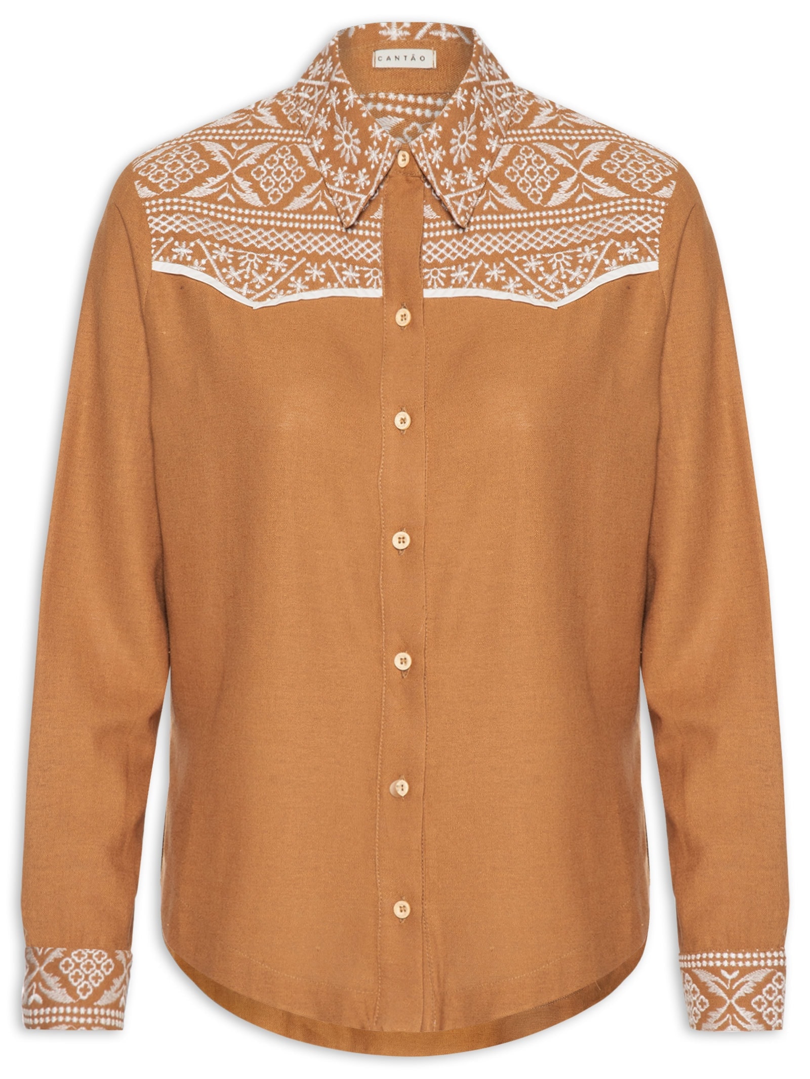 Camisa Feminina Linho Bordado Andarilhos Marrom Cantão