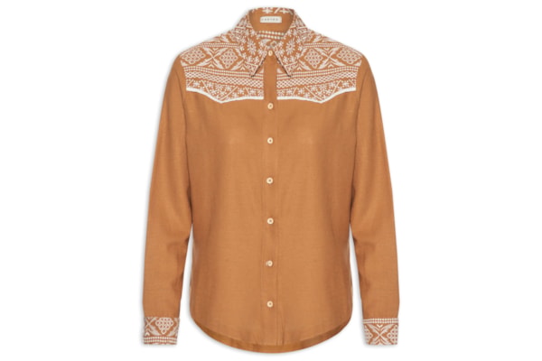 Camisa Feminina Linho Bordado Andarilhos - Marrom