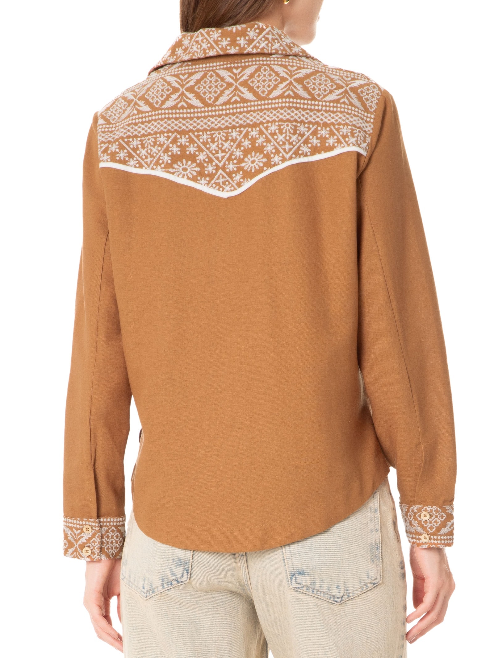 Camisa Feminina Linho Bordado Andarilhos Marrom Cantão