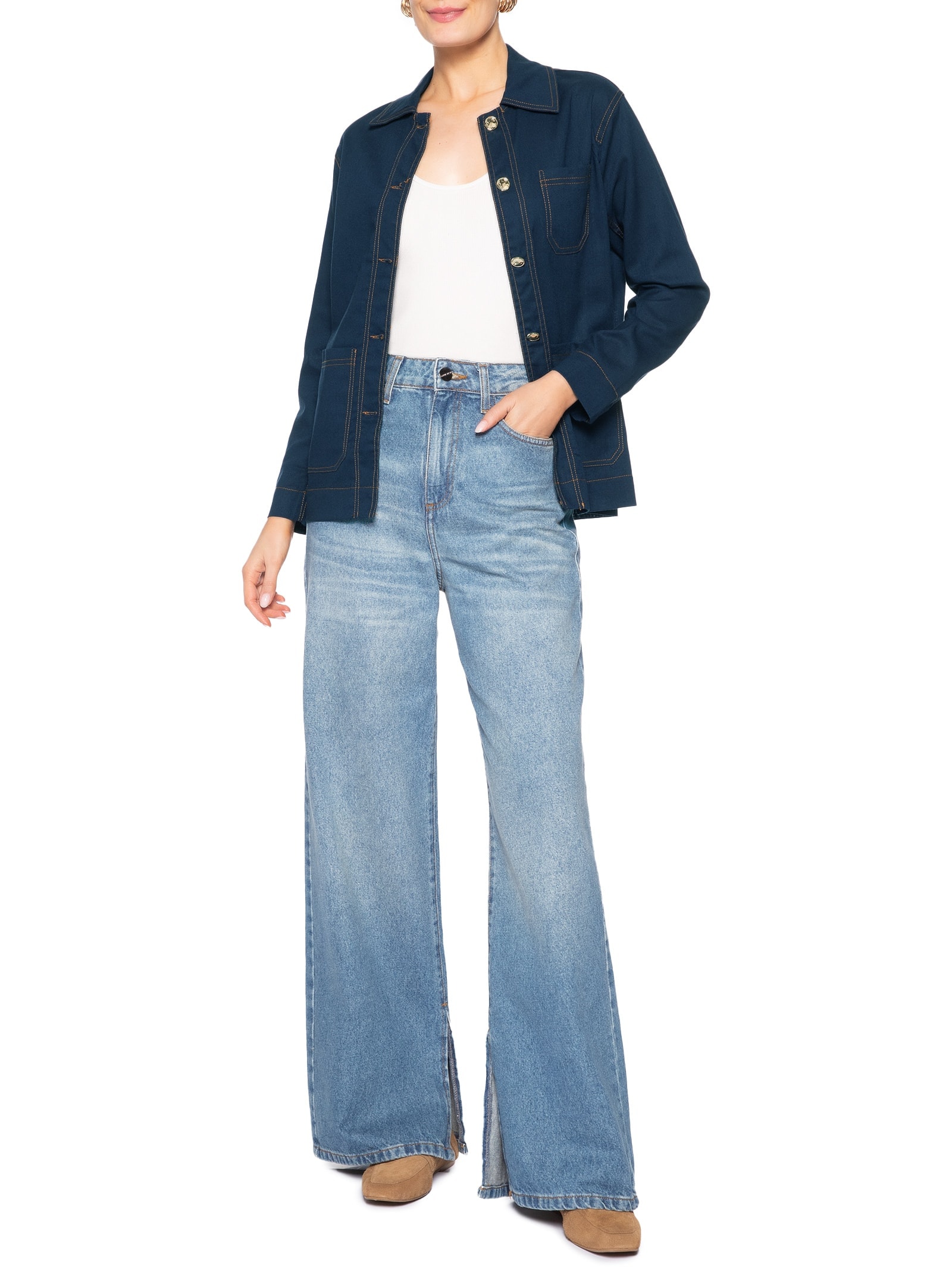 Camisa Feminina Linho com Bolsos Azul Basiq