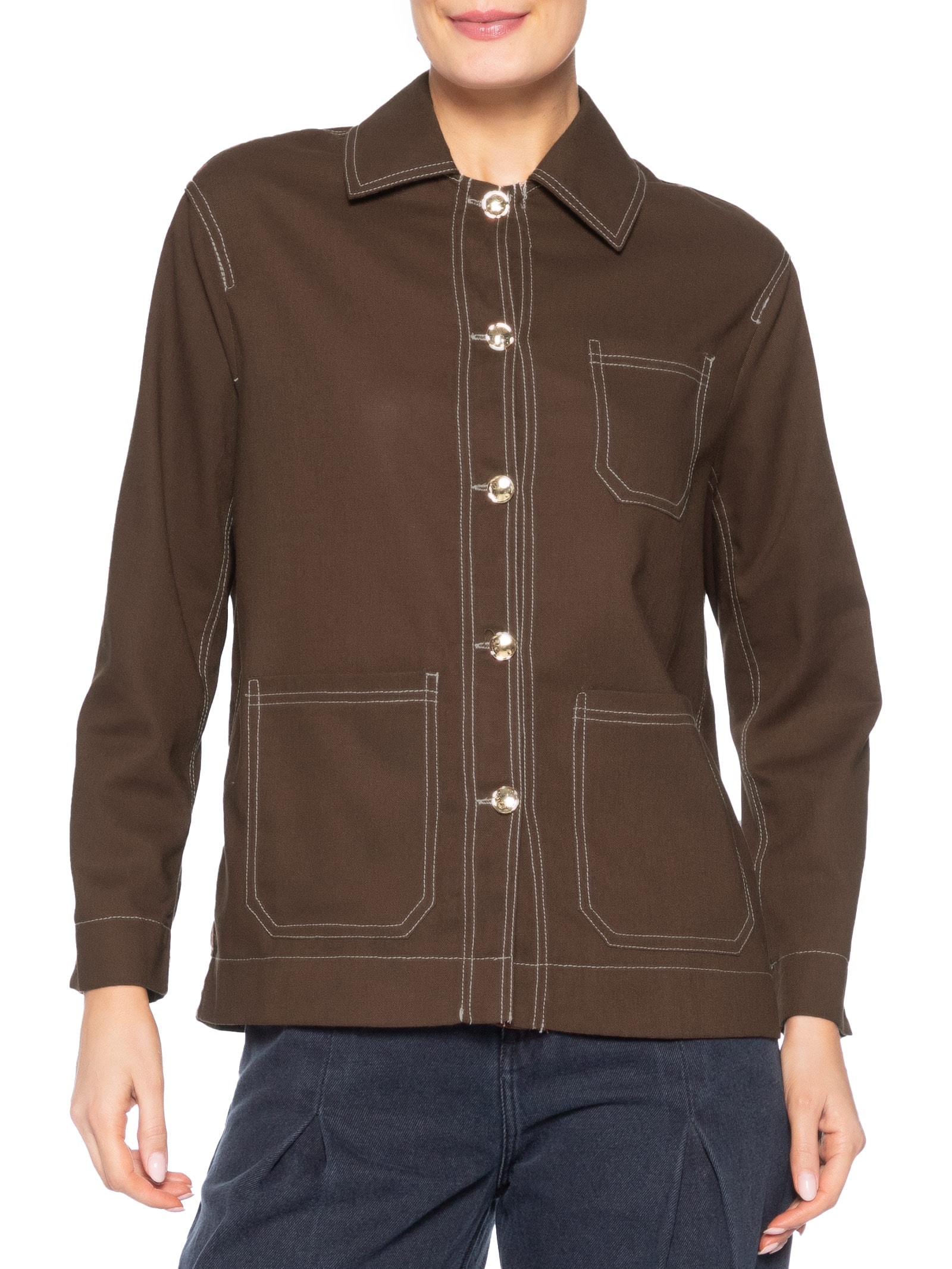 Camisa Feminina Linho com Bolsos Marrom Basiq