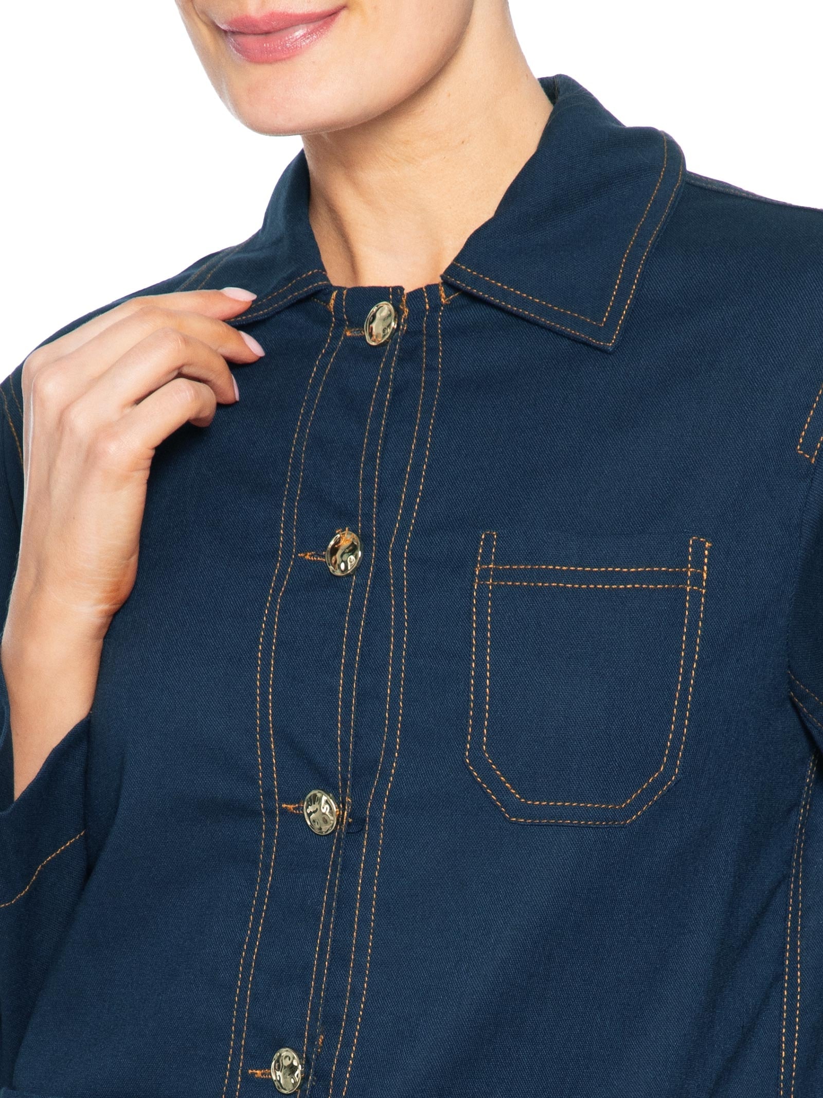 Camisa Feminina Linho com Bolsos – Azul Basiq