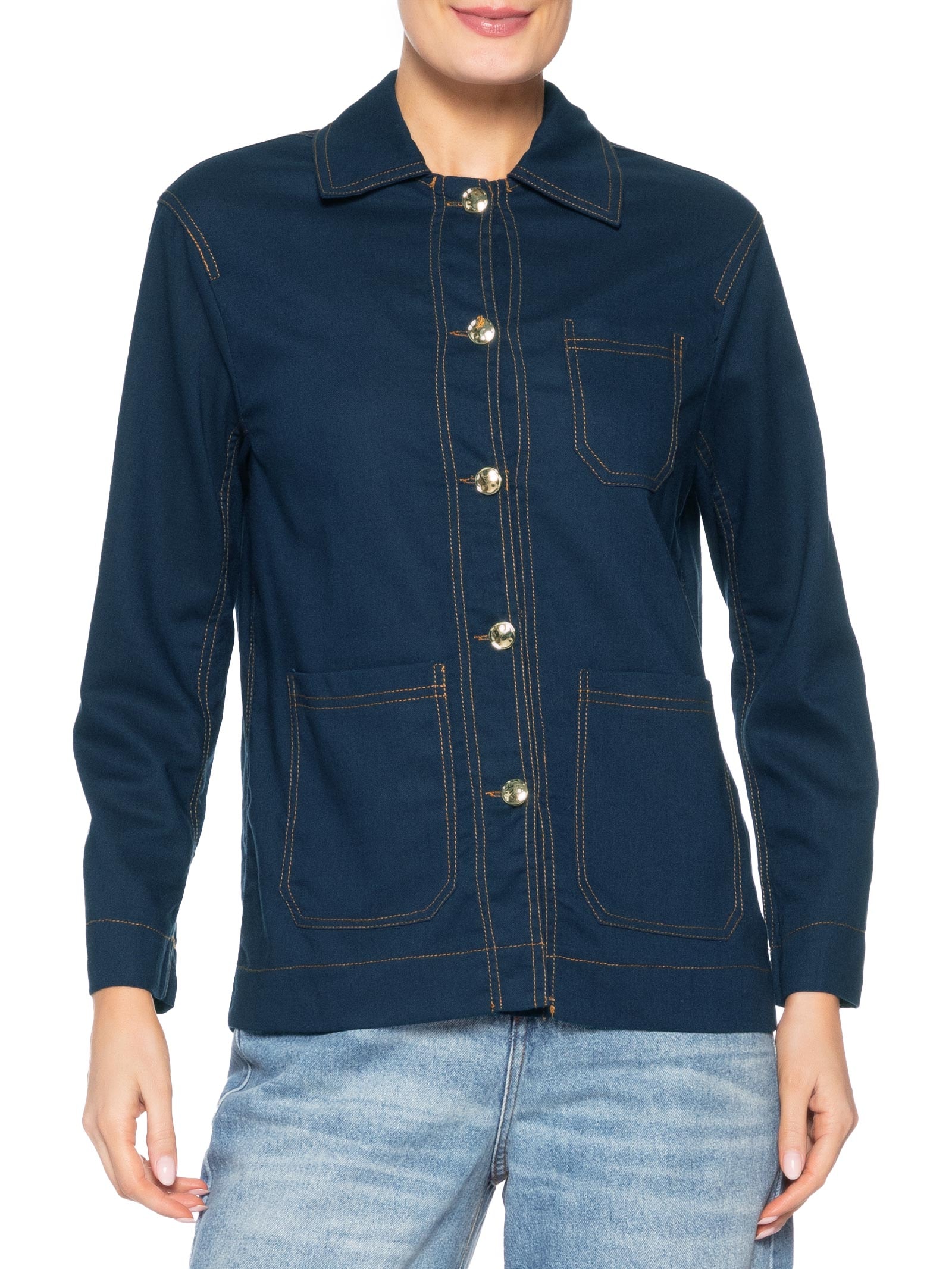 Camisa Feminina Linho com Bolsos – Azul Basiq