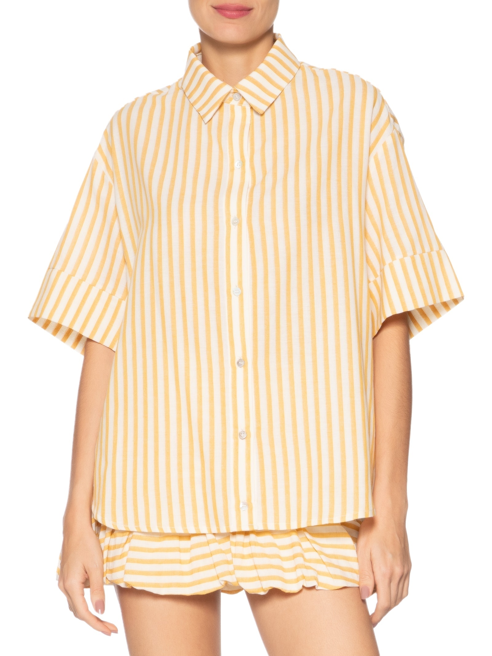 Camisa Feminina Listra Tropical Amarelo Farm