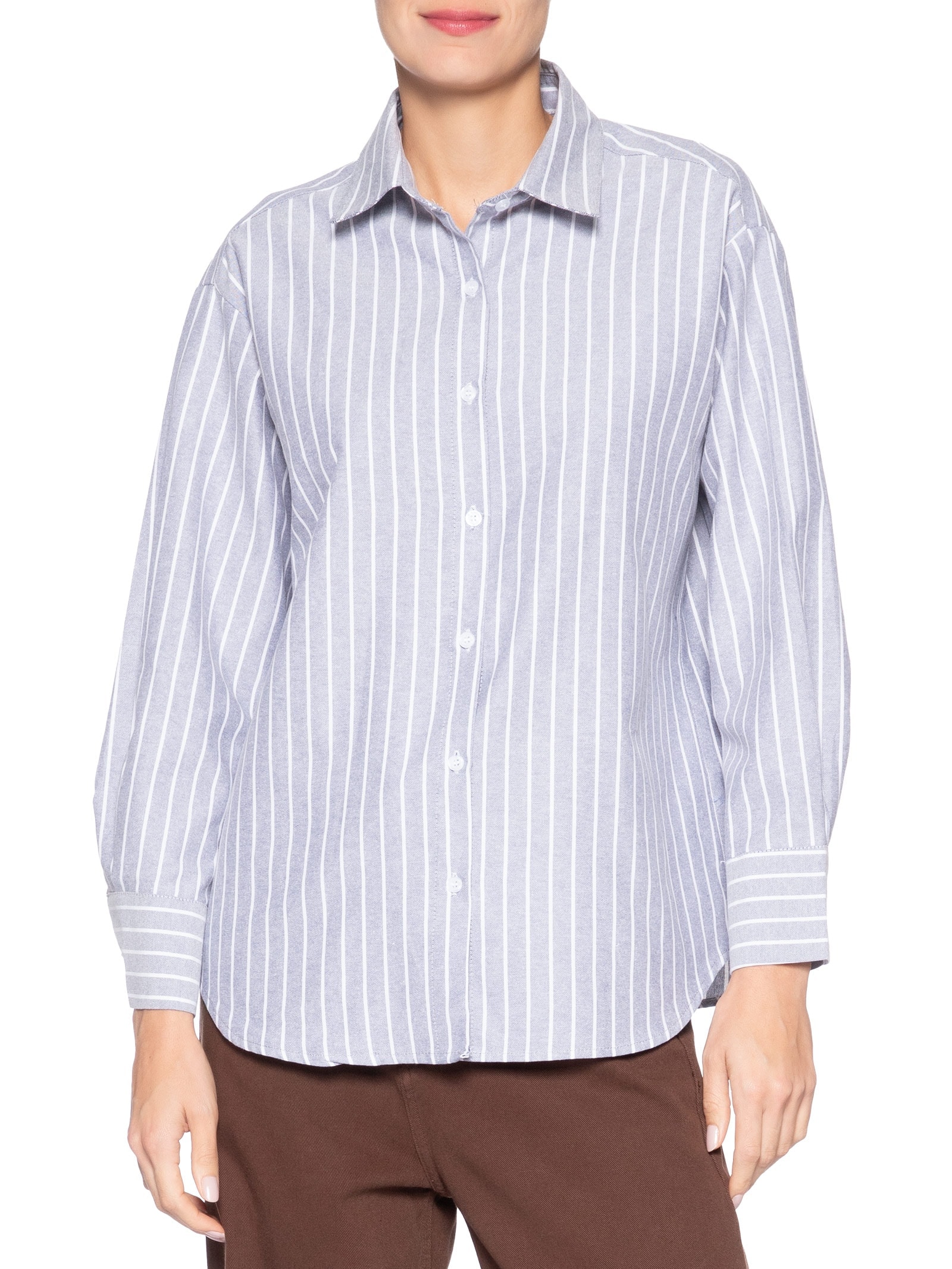 Camisa Feminina Listrada Cinza Market 33