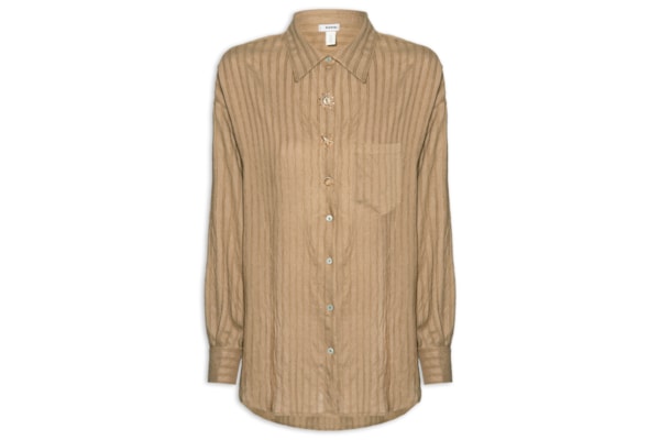 Camisa Feminina Listrada Com Bolso - Bege