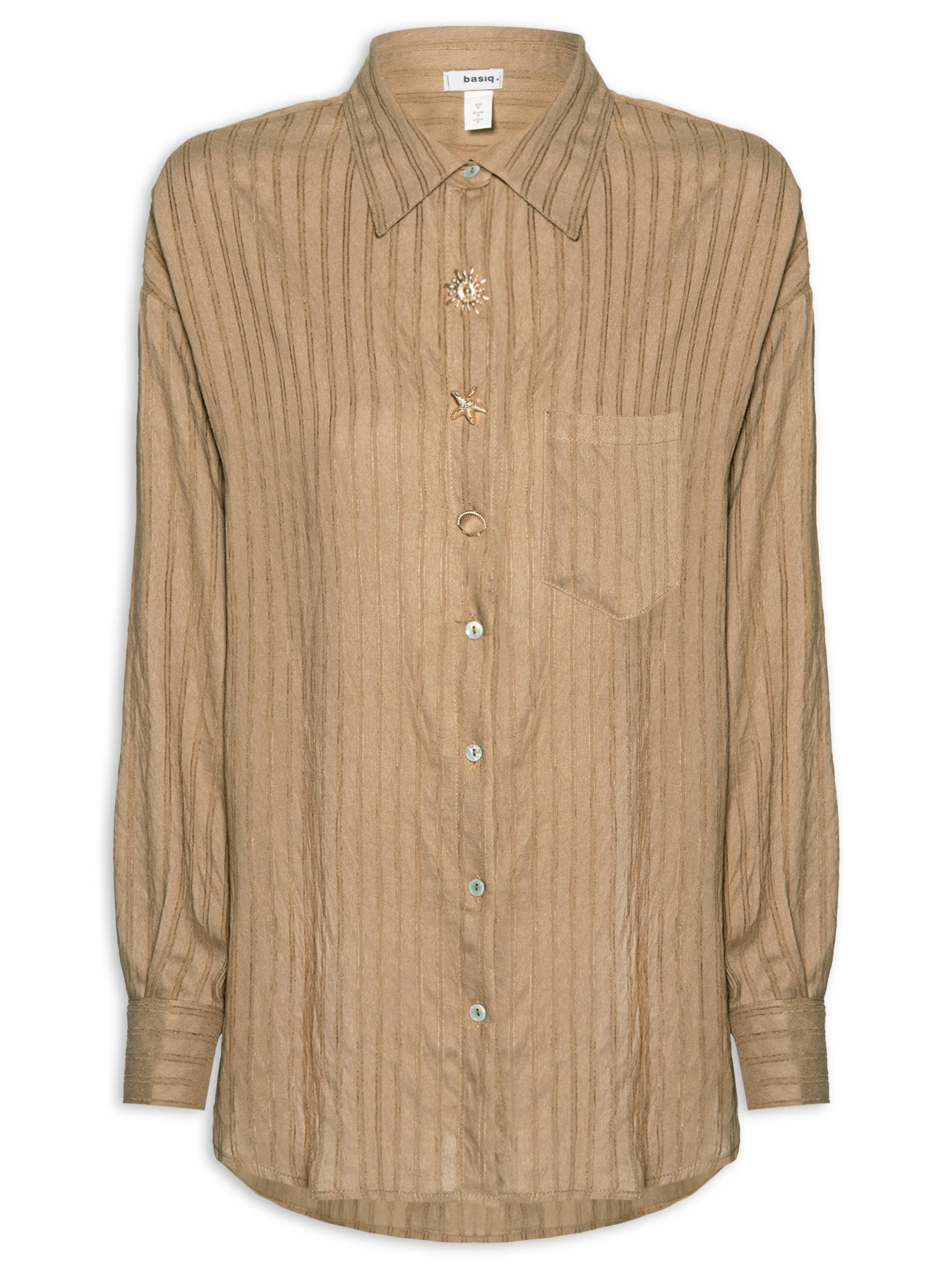 Camisa Feminina Listrada Com Bolso Bege Basiq