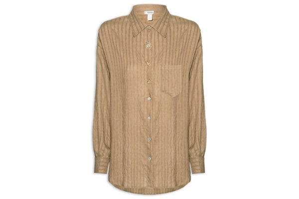 Camisa Feminina Listrada Com Bolso - Bege