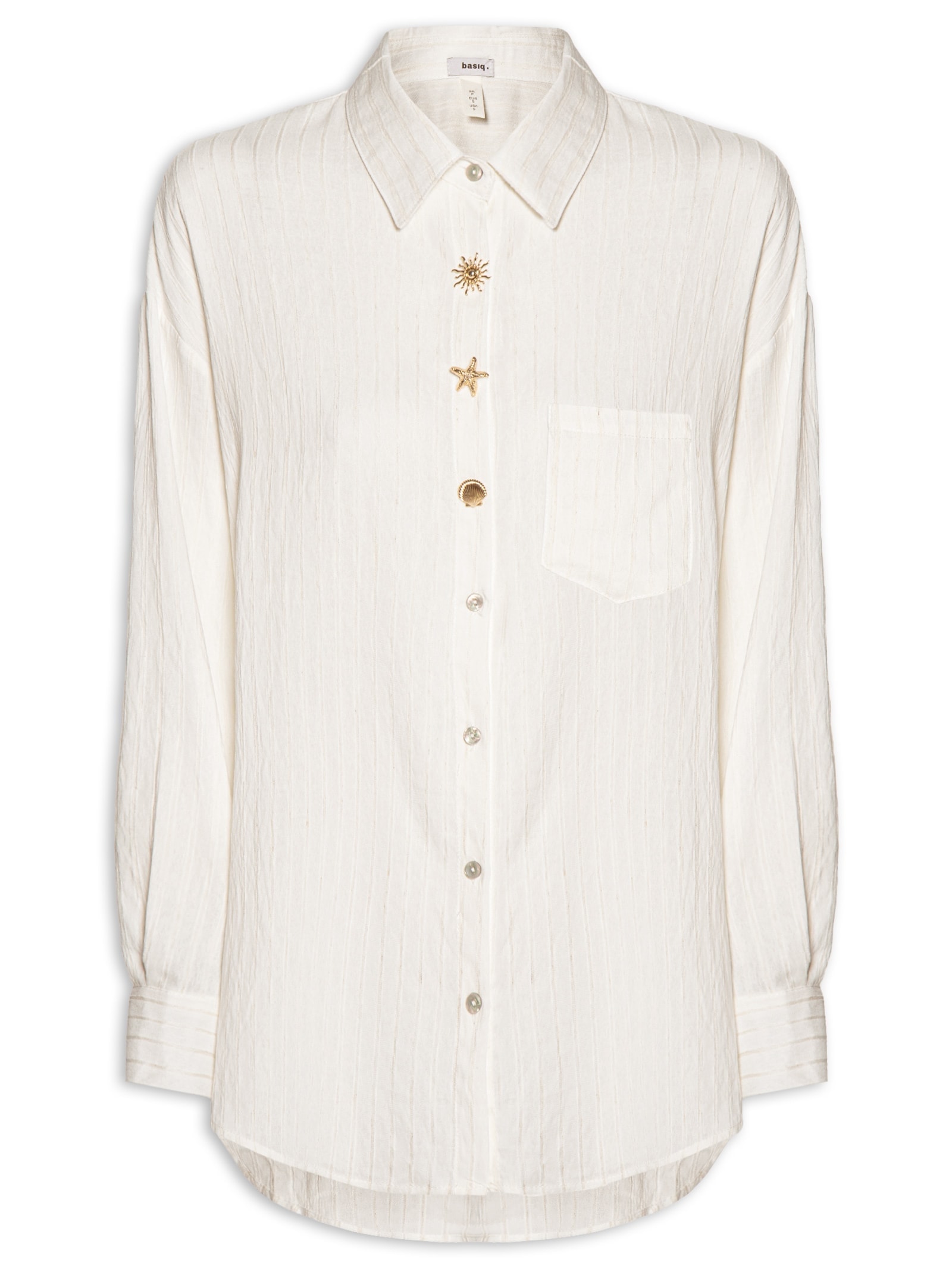 Camisa Feminina Listrada Com Bolso Branco Basiq