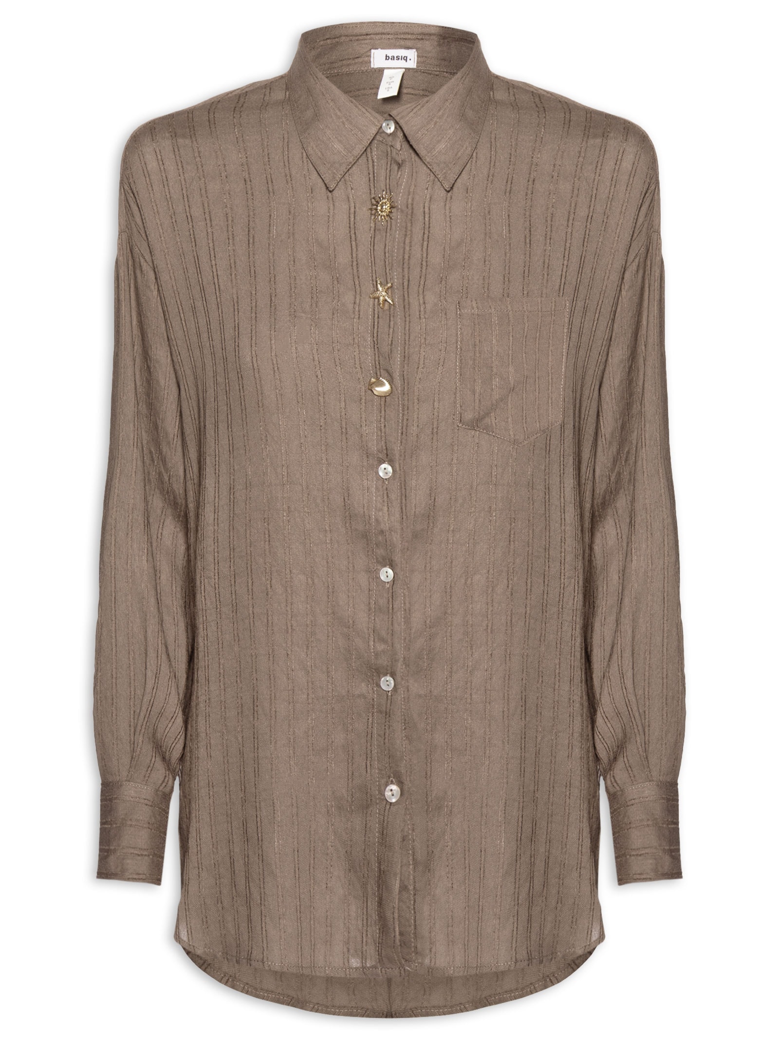Camisa Feminina Listrada Com Bolso Marrom Basiq