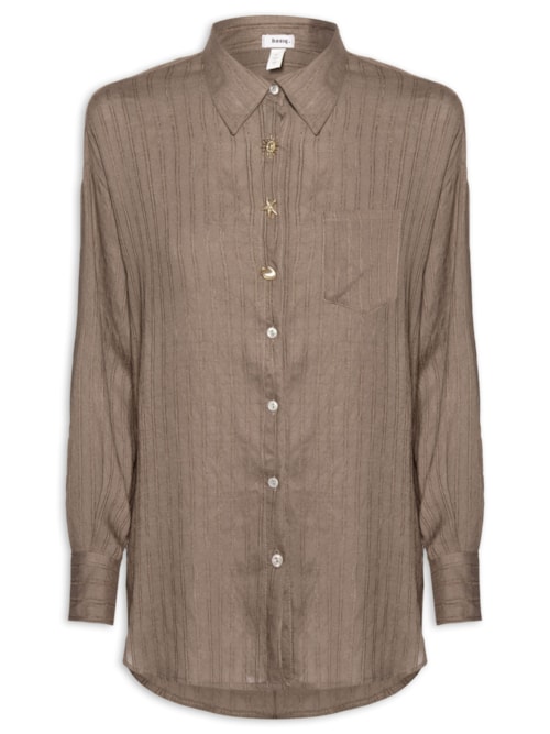 Camisa Feminina Listrada Com Bolso - Marrom