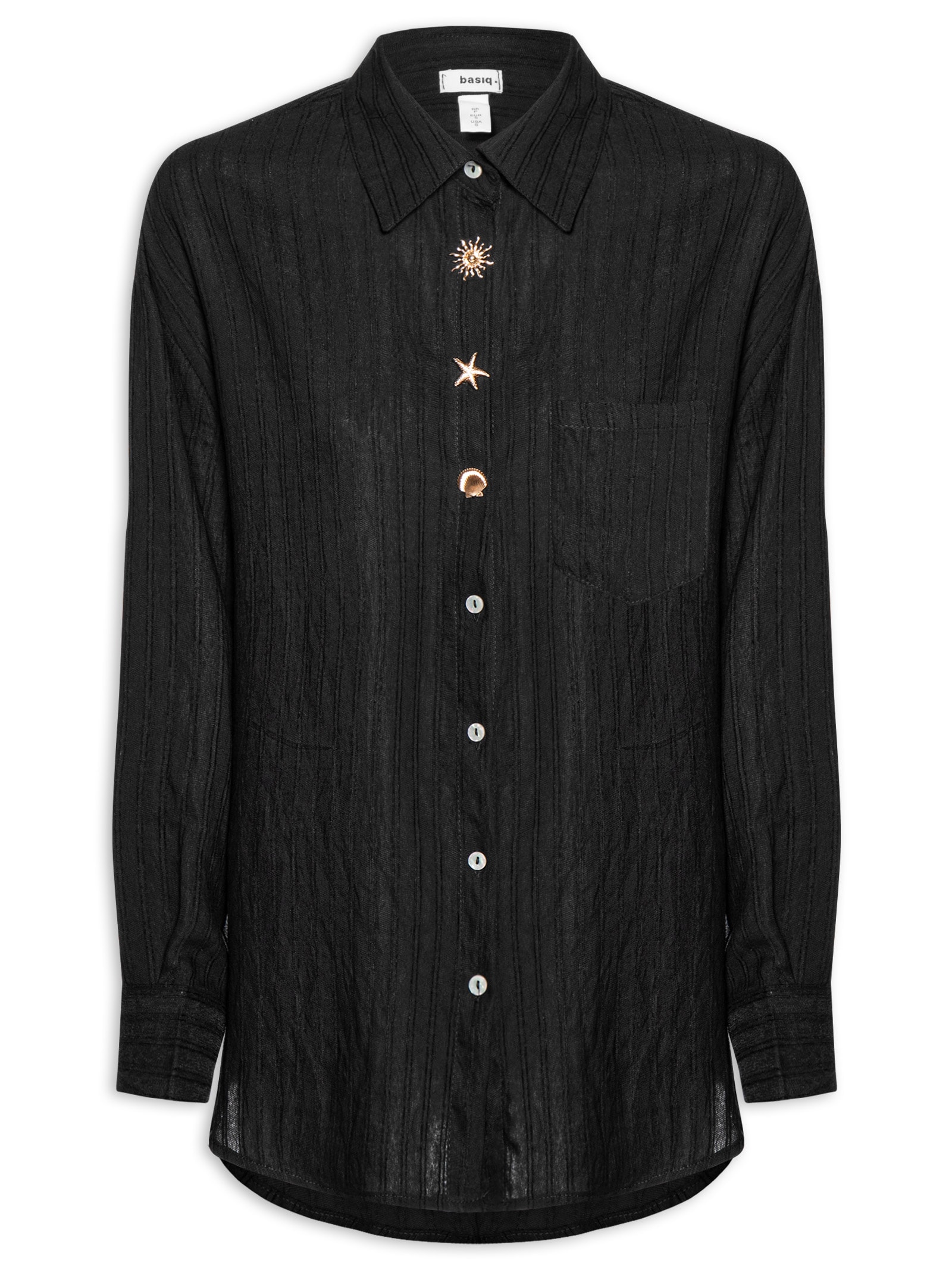 Camisa Feminina Listrada Com Bolso Preto Basiq
