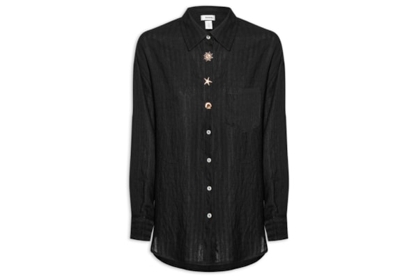 Camisa Feminina Listrada Com Bolso - Preto