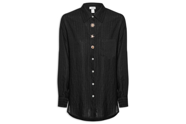 Camisa Feminina Listrada Com Bolso - Preto