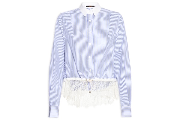 Camisa Feminina Listrada com Renda – Azul