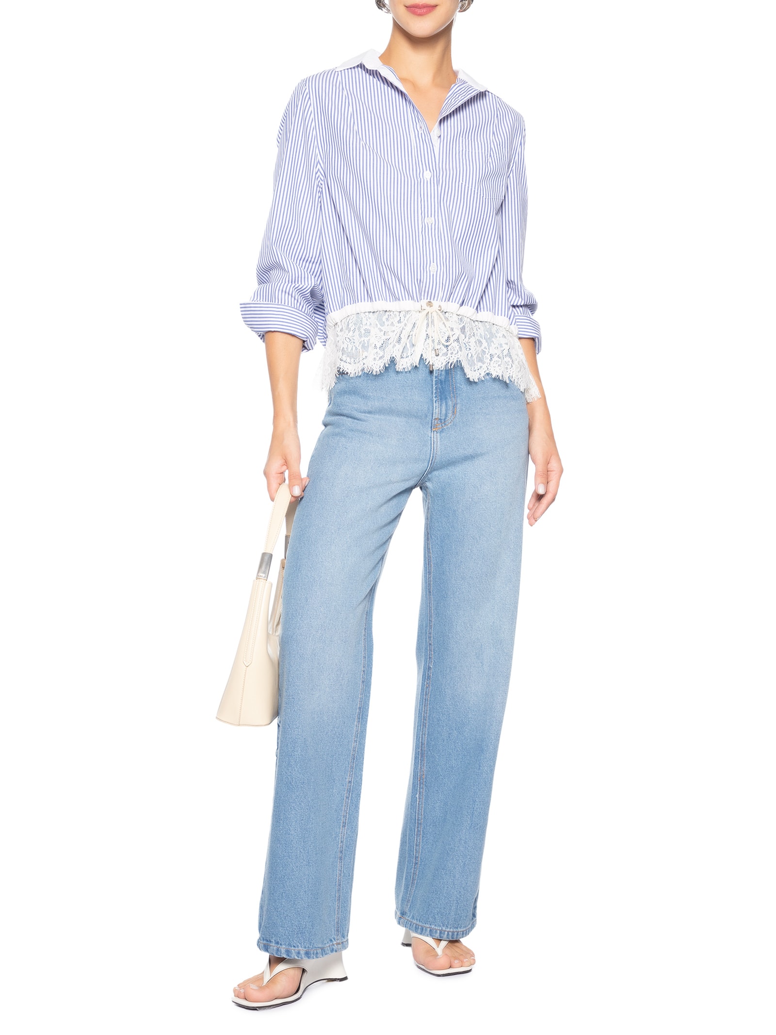 Camisa Feminina Listrada com Renda – Azul Animale
