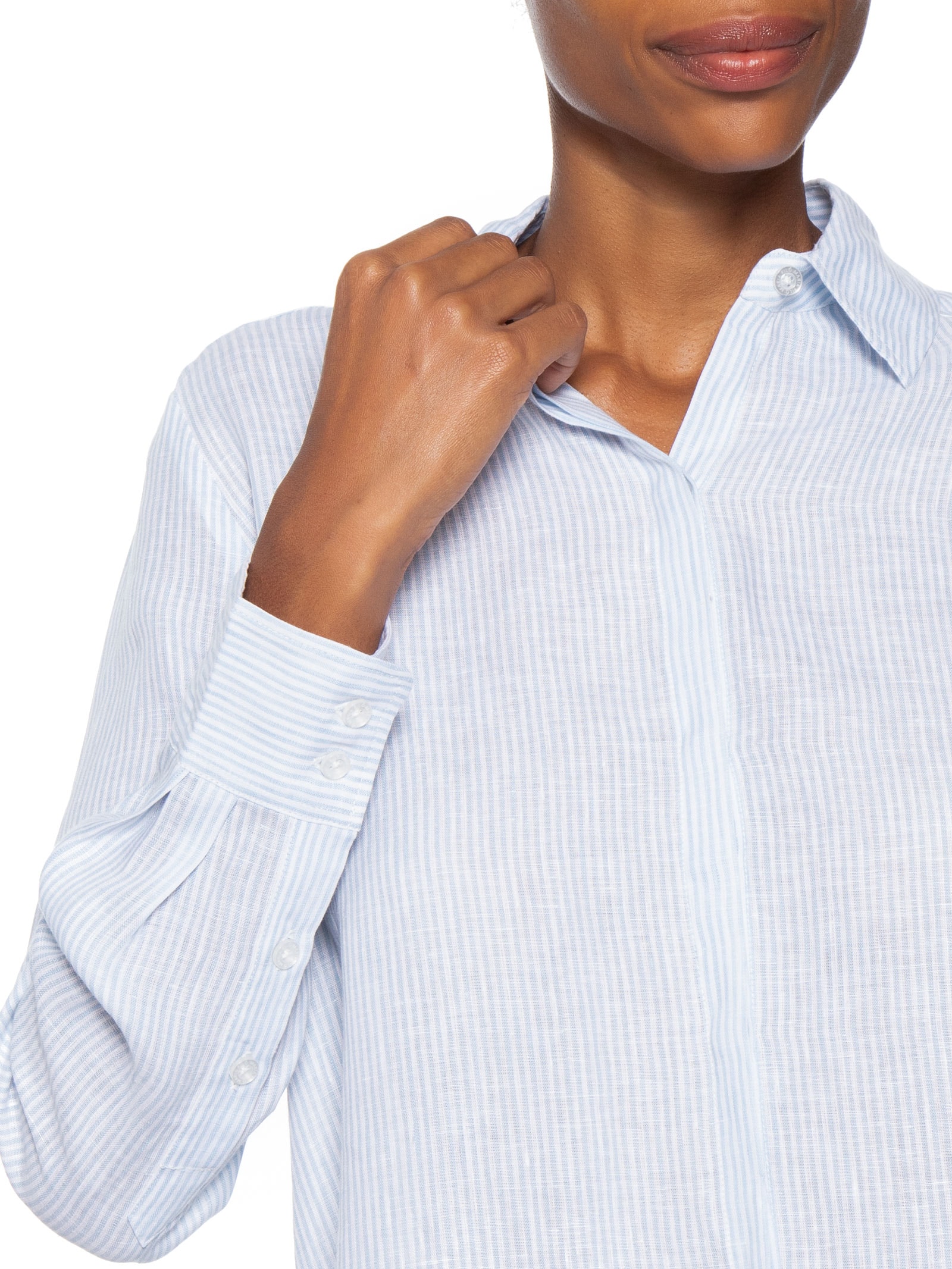 Camisa Feminina Listrada Linho Azul Maria Filó