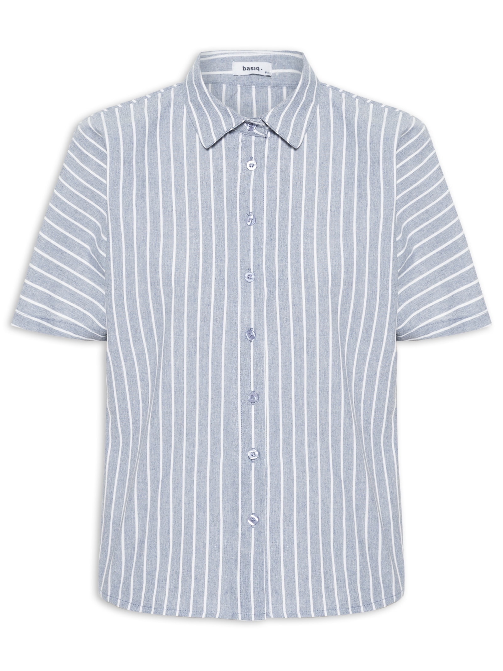 Camisa Feminina Listrada Manga Curta Azul Basiq