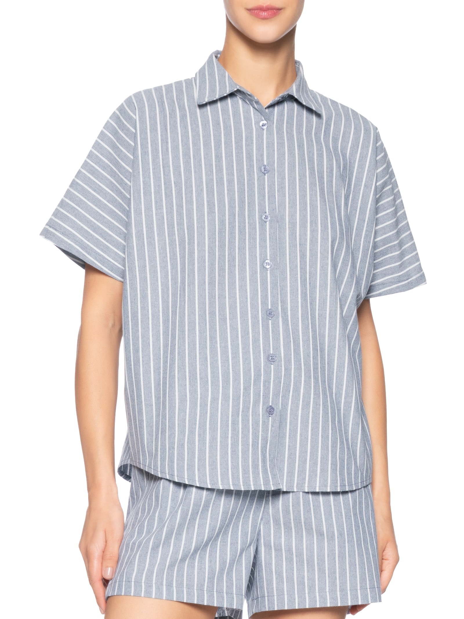 Camisa Feminina Listrada Manga Curta Azul Basiq
